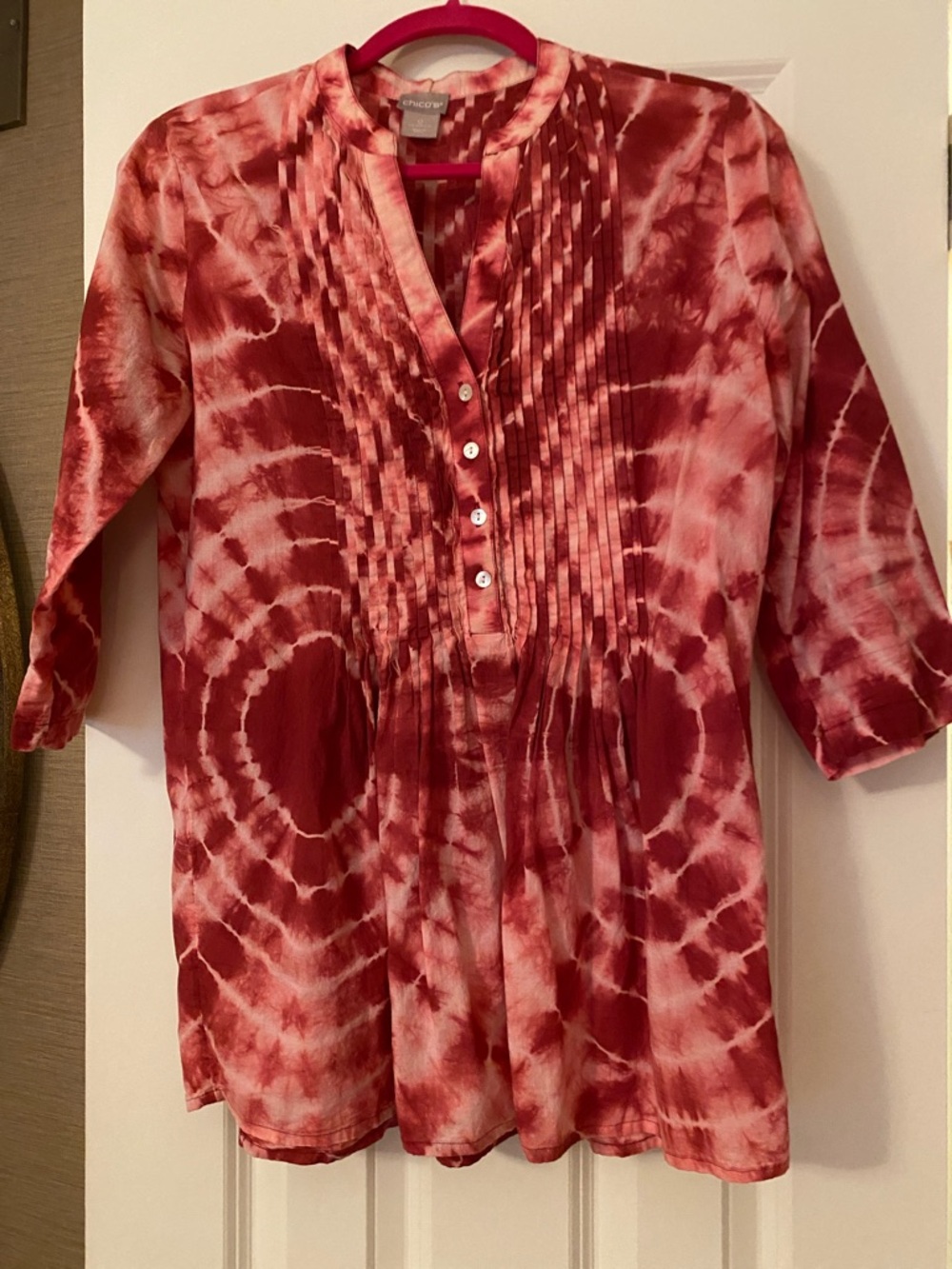 Chico's Pink Tie-Dye Pintuck Button-Front Tunic